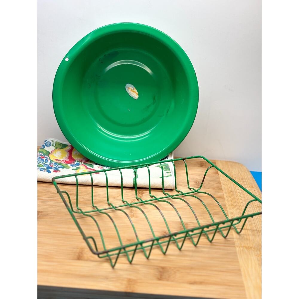Vintage AMSCO Child’s Dish Pan & Wire Rack Toy Kitchen Set Metal 8.5” MCM